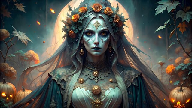 Haunting specter emerges from the moonlit pumpkin patch