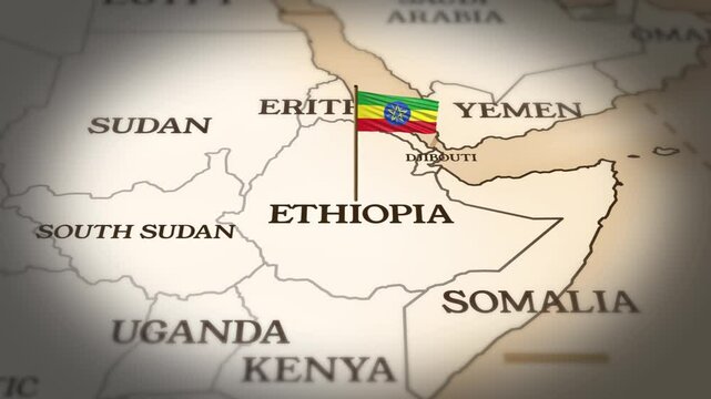 Ethiopia flag showing on world map with 3D rendering