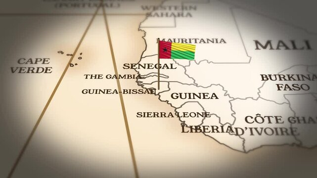 Guinea Bissau flag showing on world map with 3D rendering