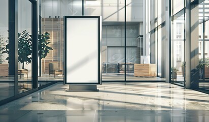 Modern Office Entrance Digital Billboard Mockup with Glass Walls and Wooden Furniture