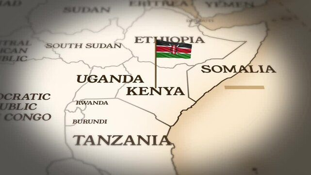 Kenya flag showing on world map with 3D rendering