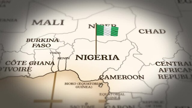 Nigeria flag showing on world map with 3D rendering