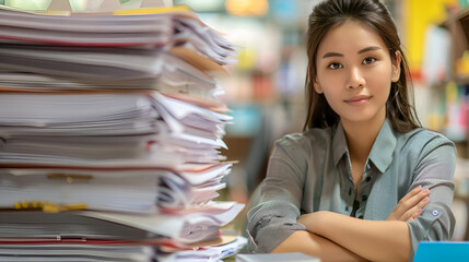 Young female clerk standing on desk behind large stacks of documents ai generative
