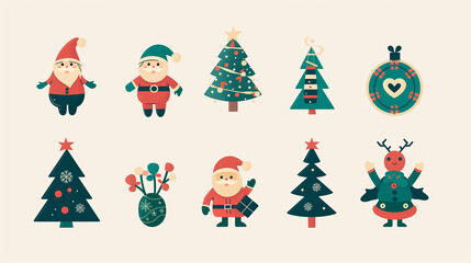 Fototapeta premium Set of cute icons on Christmas theme - Santa Claus, decorated Christmas tree, sweets isolated on white background.