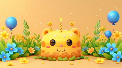 Illustration of colorful beautiful birthday or wedding cake character in decorated with colorful balloon isolated in white background with elemen for party