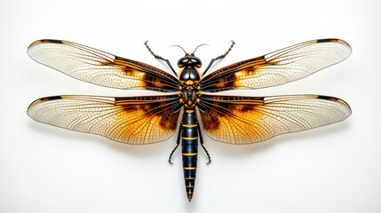 a dragonfly with a yellow and orange pattern is shown.