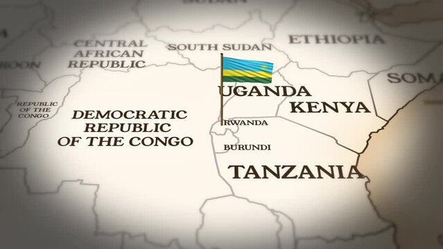 Rwanda flag showing on world map with 3D rendering