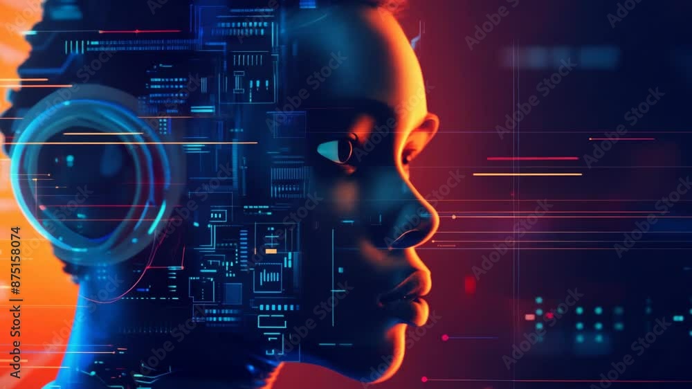 Poster 3d animation of a person's profile with digital elements in the background
