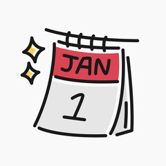 Flat line art cartoon of a new year calendar. Calendar illustration of January 1 new year, perfect for needs related to new year, celebrations, holidays, and more.