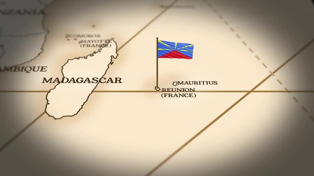 Reunion french flag showing on world map with 3D rendering