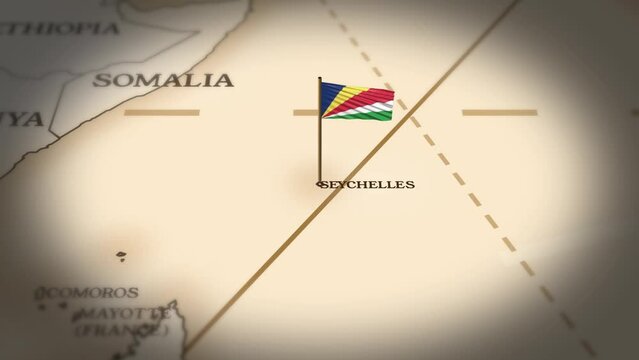 Seychelles flag showing on world map with 3D rendering