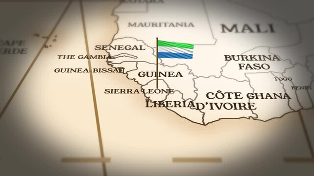Sierra Leone flag showing on world map with 3D rendering