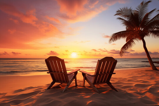 Transat sur une plage paradisiaque avec un coucher de soleil, face &agrave; la mer, l'oc&eacute;an. Repos, calme, d&eacute;tente. Soleil, vacances, voyage, &eacute;t&eacute;. Palmier. Pour conception et cr&eacute;ation graphique. 