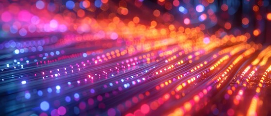 Abstract background with vibrant bokeh lights in pink, blue, and orange.