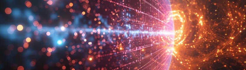 Fototapeta premium Abstract background of glowing particles and light. A glowing galaxy with a beam of light in the middle.