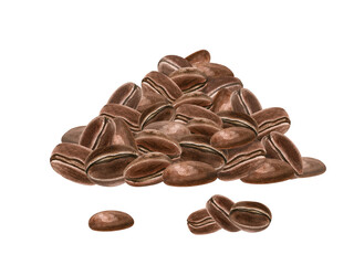 Coffee bean heap. Pile of roasted coffee grains. Enticing aroma and flavor of coffee. Watercolor realistic illustration. Perfect for coffee related projects, advertising, or digital art.