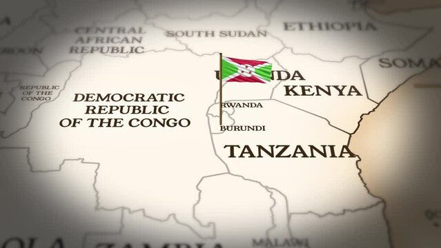 Burundi flag showing on world map with 3D rendering