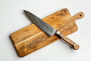 A sharp chef's knife lies on a clean cutting board, ready for culinary creations. The knife's stainless steel blade glimmers in the light.