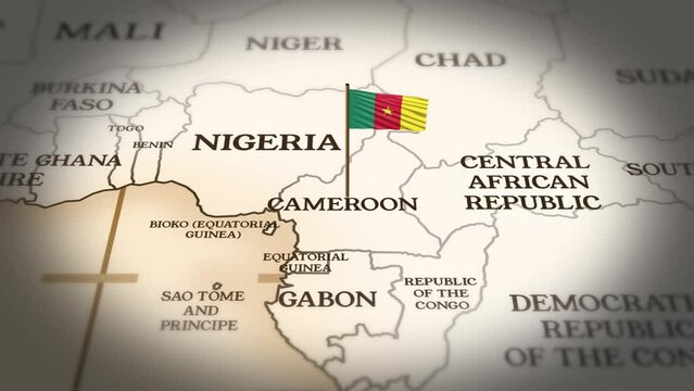 Cameroon flag showing on world map with 3D rendering