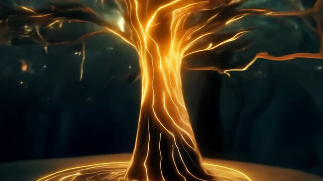 Glowing digital tree with blue lights and connected roots