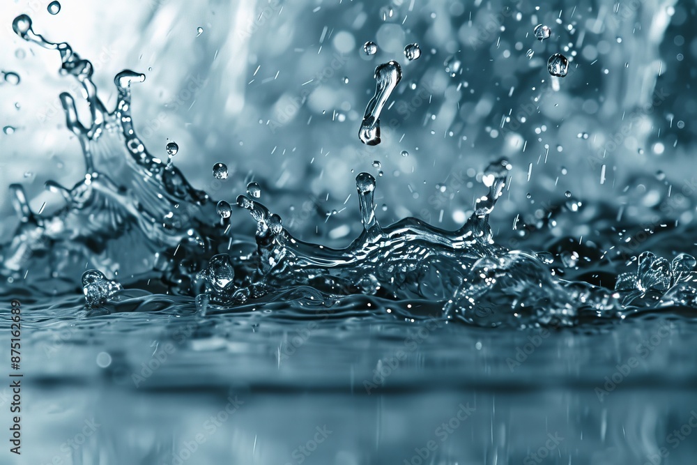 Poster a close-up shot capturing water splashes, with droplets frozen in mid-air, showcasing the beauty and