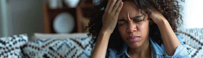 Young African American woman in pain, suffering from headache on sofa