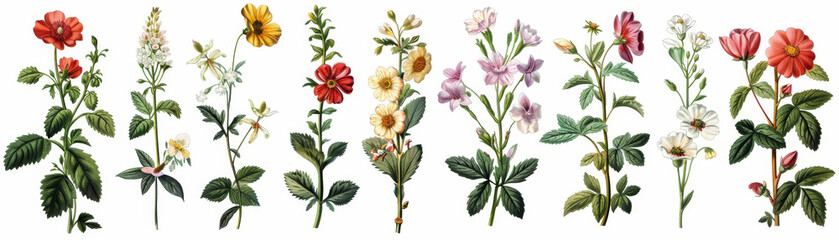 Detailed vintage botanical illustration of various flowers on white background.