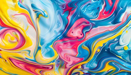Abstract background with colorful liquid paint swirls, forming unique patterns with shades of blue, yellow, pink, and red.