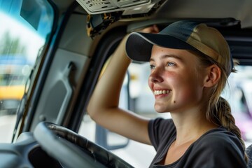 This image features a woman truck driver taking a break in the driver's cabin of a truck, exemplifying the modern workforce and the rigors of long-haul transportation.