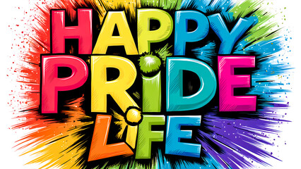 Happy Pride Life: Vibrant Rainbow-Colored Typography Celebrating Love and Unity against White Backdrop