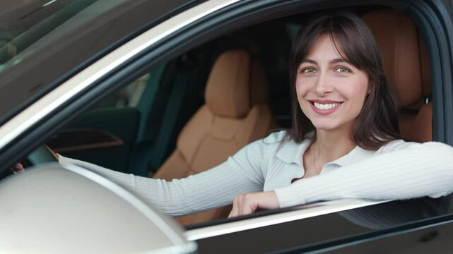 Pretty Caucasian woman widely smiling while looking at camera. Satisfied customer or owner of new car sitting in luxury salon. Female keeping her hand on open window of car. Glad driver concept.