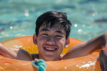 A young boy is joyfully enjoying swimming in a pool, holding onto an orange floaty. His smile indicates he is having a great time, with water glistening in the background.