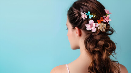 Naklejka premium Young woman with beautiful hair clips on blue background ai generative