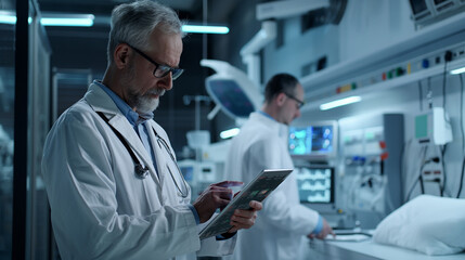 Healthcare professional in protective equipment using digital tablet in intensive care unit