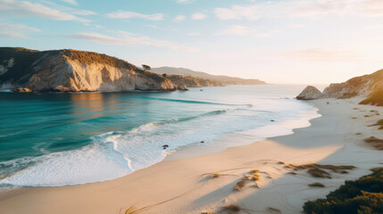Obraz premium paradise beach during the golden hour, featuring soft white sands, a dreamy and peaceful scene