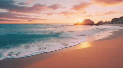Obraz premium paradise beach during the golden hour, featuring soft white sands, a dreamy and peaceful scene
