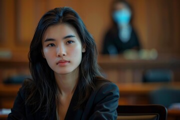 Obraz premium A young woman sits in an office, looking contemplative and thoughtful, suggesting a moment of introspection and reflection in a professional environment.