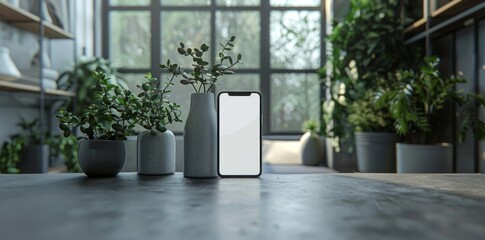 Tranquil Sanctuary: Spacious Minimalist Workspace with Serene Smartphone Display