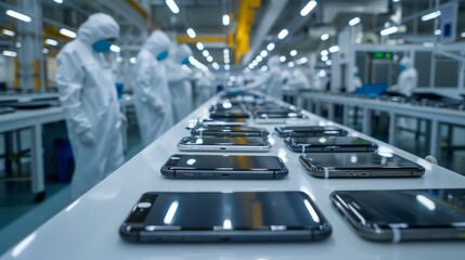Fototapeta premium In the heart of a busy factory, a dedicated team proficiently handles the production, sorting, and packaging of sophisticated smartphones, preparing them for international trade.