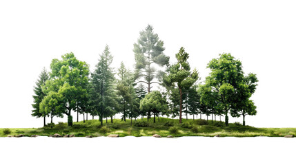 Landscape of trees in a green forest on a 3D transparent background. On a white background.
