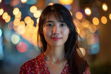 A young woman in a red outfit smiles gently in an indoor setting, with decorative lights in the background adding a warm, festive ambiance.