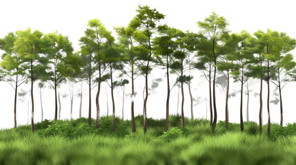 Fototapeta premium Landscape of trees in a green forest on a 3D transparent background. On a white background.