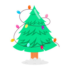 A flat style sticker with xmas tree with decorative lights 

