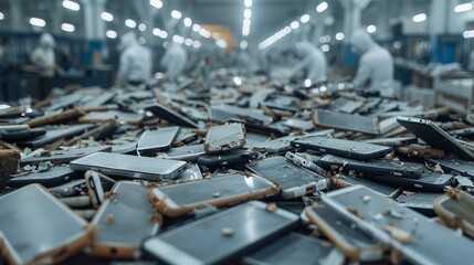 Amidst the workshop setup of an industrial facility, a series of unused smartphones is ready for the secondary recycling process.