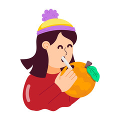A flat style sticker showing winter character drinking juice 

