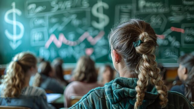 A young woman in a classroom sits facing a chalkboard with handwritten financial information, listening intently to the lesson - Powered by Adobe