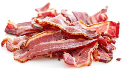 Obraz premium A close-up image of crispy, cooked bacon strips on a white background, showcasing the savory and delicious texture of the meat.