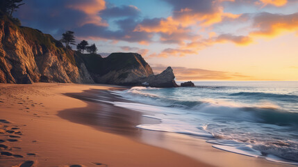 paradise beach during the golden hour, featuring soft white sands, a dreamy and peaceful scene