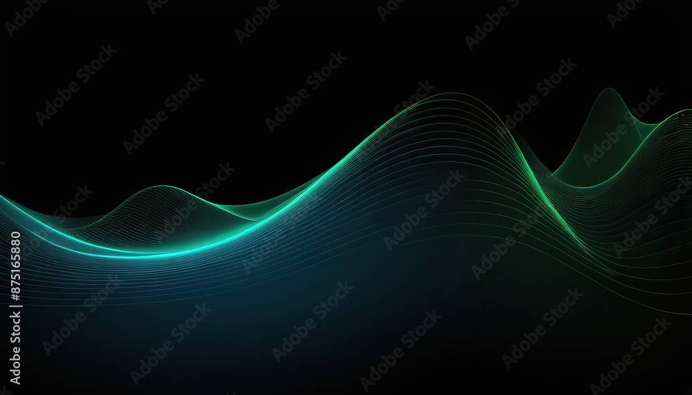 Poster design elements with green wavy lines and glowing, glittering lines that move softly. black backdrop