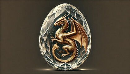 Realistic dragon encased in crystal egg golden intricate scales